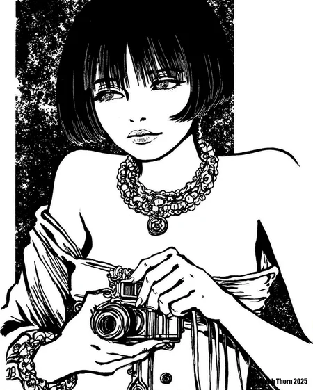 A black and white line drawing of a young woman with a short bob haircut and bangs, wearing a revealing outfit adorned with jewelry. She is holding a small camera in her hand, looking directly at the viewer with a serious expression. The background is abstract, with a mix of dark and light tones. The style is reminiscent of Japanese art, with bold lines and intricate details. The woman's skin is fair, and she has a slender physique.<lora:_Flux\Crepax_Valentina.safetensors:1.0:1.0>