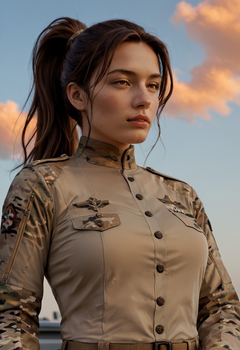 score_9, score_8_up, score_7_up, score_6_up, score_5_up, detailed, female, (20 yr old), petite, (brown hair), expressiveh, (high ponytail), beautiful hair, brown eyes, big breasts, g4multicamuniform, see_through top from below, dominant, light blue sky, orange clouds, jet formation at the sky, <lora:t0sh14XLP:0.7> <lora:G4MulticamUniform:0.7>