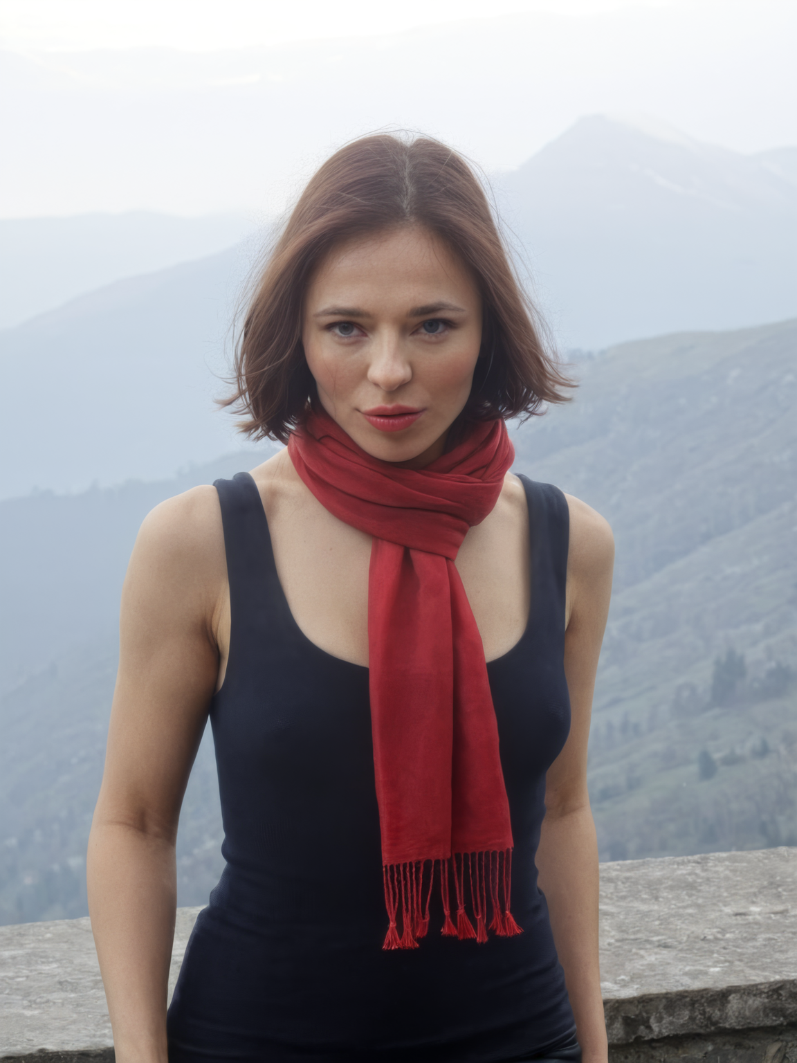 nina_kraviz, red scarf, mountains, mist, natural light