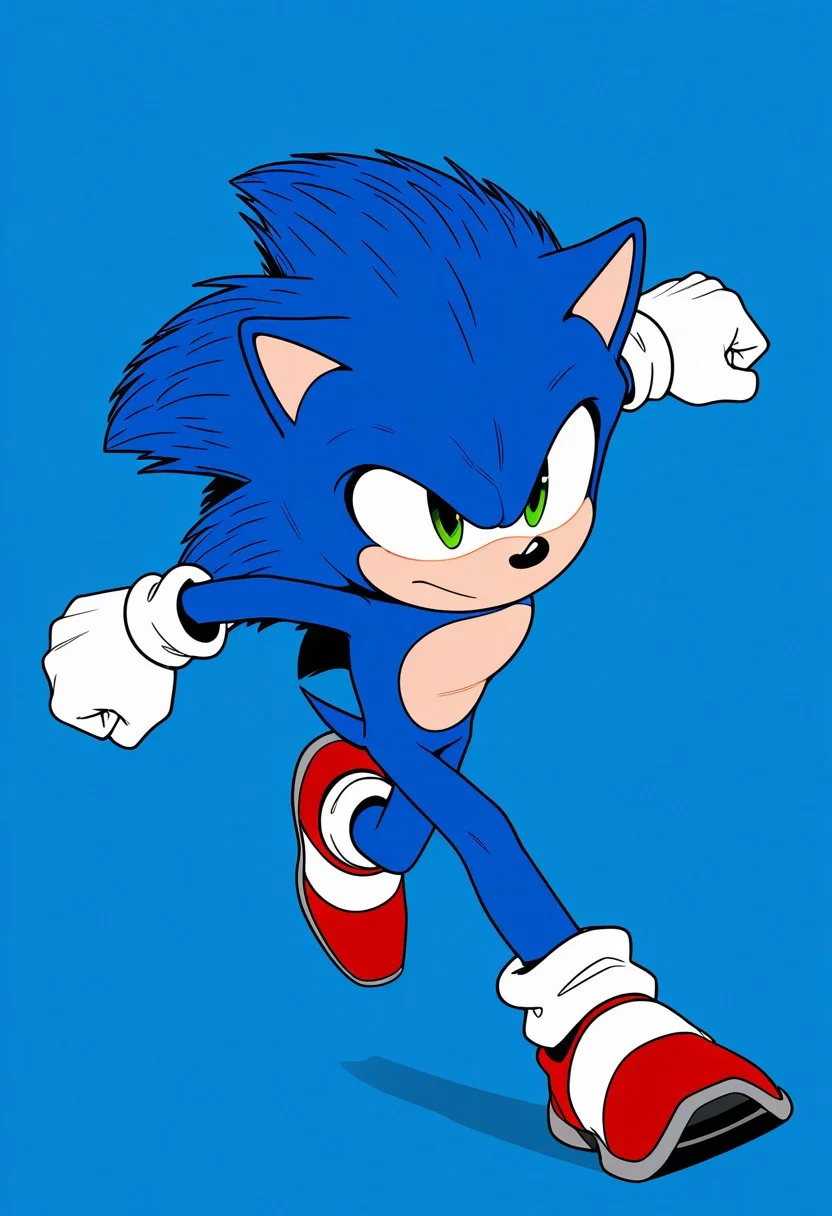 moviesonic,blue fur, green eyes,hedgehog ears, hedgehog tail,running arms behind ,blue background,dynamic pose ,,full body,tmosth, flat color, black shading, sloppy coloring, hatching \(texture\)