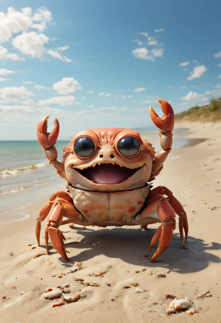 A cute, happy crab on a beach, surreal