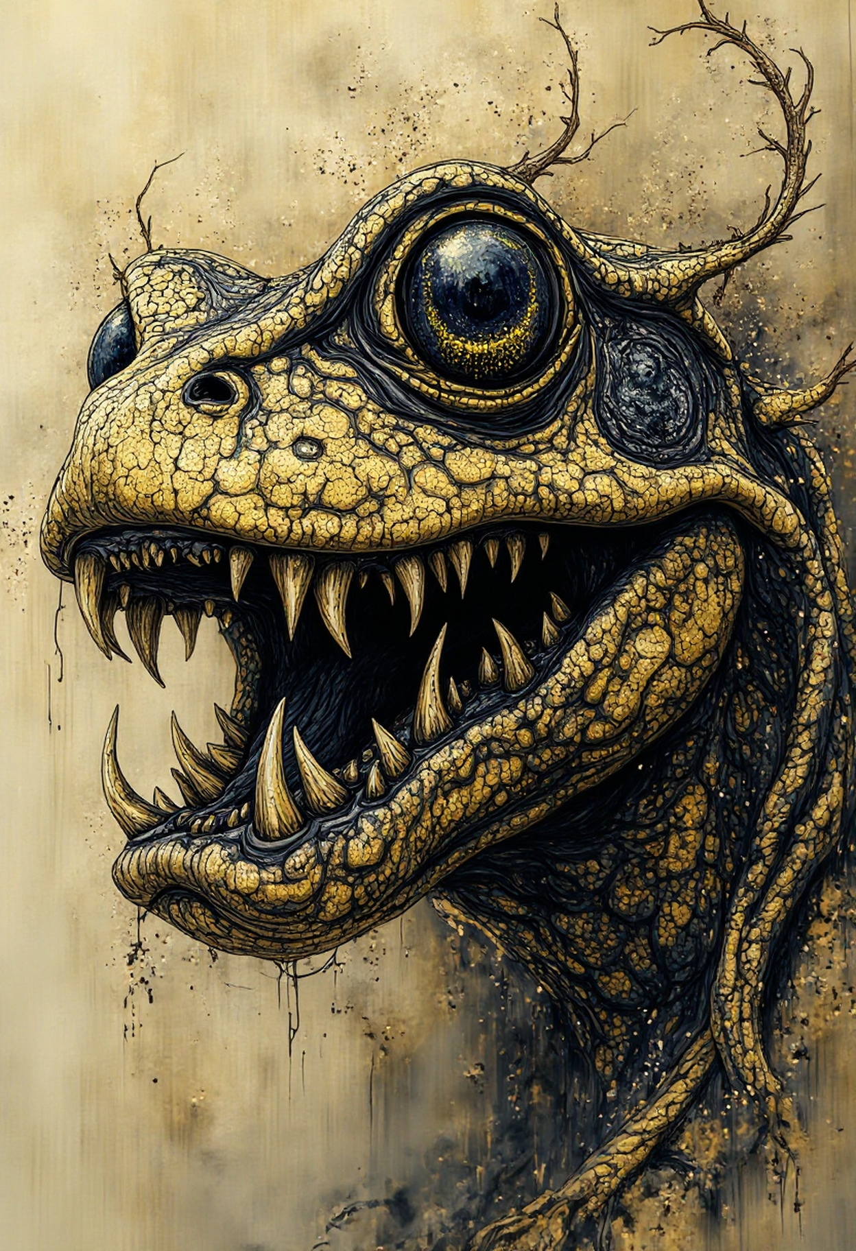 pst006, horrifying bullfrog creature, fangs, necromorph, style of zdislaw beksinski