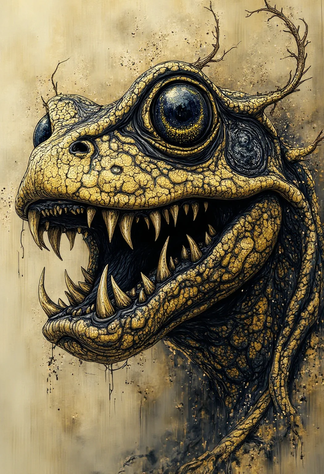 pst006, horrifying bullfrog creature, fangs, necromorph, style of zdislaw beksinski