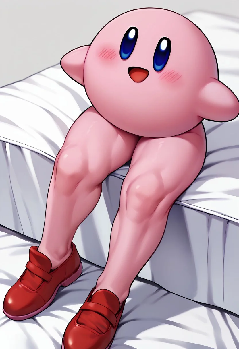 score_9, score_8_up, score_7_up BREAK LongKirby, dark blue eyes, pink body, blush, red shoes, smiling at viewer,
