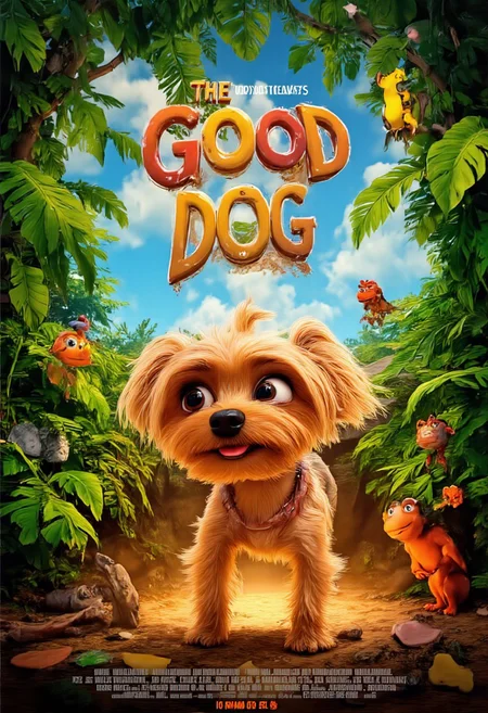 The image shows a vibrant, animated movie poster inspired by the whimsical style of a Pixar film, with a charming Yorkshire Terrier named Allab taking center stage. Allab, with her soft, golden fur and twinkling, expressive eyes, is depicted in a playful stance, ready to strike a pose. Instead of barking, she's wearing a mischievous grin, with her tiny, pink tongue peeking out. Behind her, a lush, verdant jungle unfurls, teeming with life - colorful birds, curious monkeys, and even a friendly, winking frog peeking from behind a giant leaf. The title, "The Good Dog," is written in bold, playful letters, reminiscent of Pixar's iconic typography, arching over Allab like a rainbow, with each letter subtly animated, as if wagging with life. Below, a warm, inviting glow emanates from a cozy, earthen burrow, hinting at the heartwarming adventures and lessons Allab, our unlikely hero, is about to embark on.