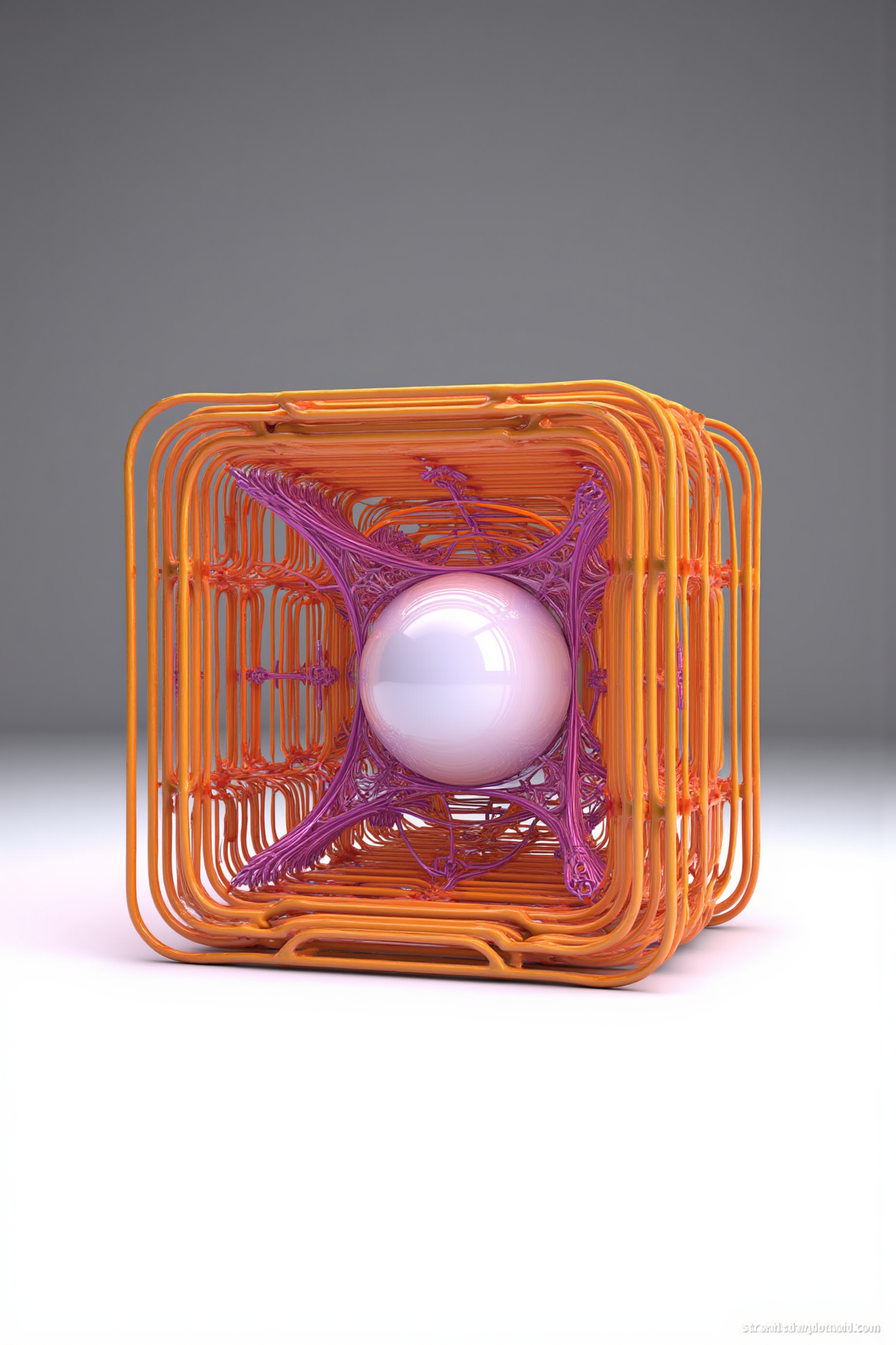 A 3D Rendered abstract of, sharp photo of a 3D rendering of a cube made up of orange and purple lines. The cube is placed on a white surface with a gray background. The orange lines are arranged in a grid-like pattern, creating a geometric design. The purple lines are overlapping each other, creating an abstract pattern. In the center of the cube, there is a large white sphere with a purple outline. The sphere appears to be spherical in shape. The overall color scheme of the image is predominantly orange, purple, and white.
