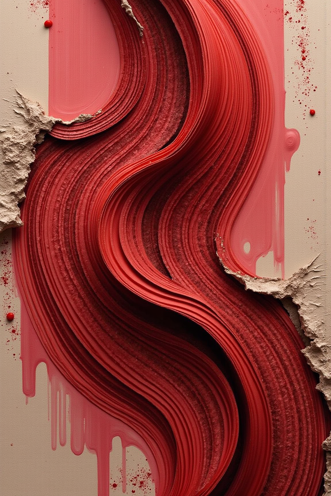 , Contemporary realism, featuring highly detailed, lifelike rendering with visible, textured brushstrokes that mimic traditional oil painting techniques. The bold use of color, particularly rich reds and natural tones, contrasts with the expressive, slightly loose background. The composition blends fine detailing with a painterly, tactile quality, emphasizing depth and texture