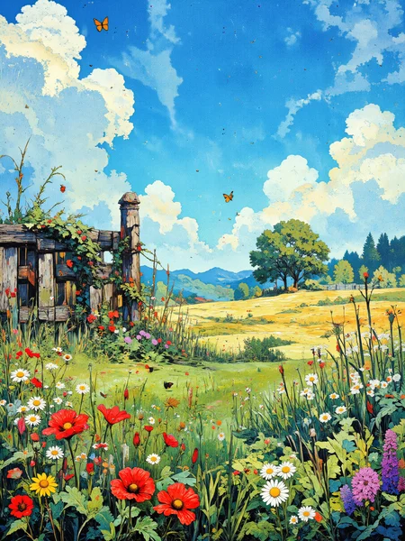 Vibrant summer meadow, abundant with wild poppies, chamomile, and clover under a crystal-clear azure sky. Gentle breeze rustling tall grasses, creating waves of verdant hues. Tiny butterflies flitting among blossoming herbs, while a bumblebee rests on a thistle. Sunlight softly filters through drifting clouds, casting dappled patterns on lush, soft textures. An old, weathered wooden fence in the distance, partially covered in climbing ivy, providing rustic charm. The horizon is sprinkled with the faint silhouette of distant trees, framing the open meadow. The scene embodies peaceful harmony, glowing with warmth and vitality, captured in stunning 8k resolution, with intricate detail and masterful composition. <lora:test2-000013:0.4> <lora:RetroAnimeFluxV1:1.0> <lora:Memadukan_Brush_Strokes_of_Fineart:0.8> <lora:flux_dev:1>