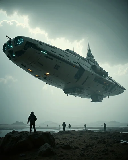 in the style of cksx, seen from a low angle,
The cinematic shot is depicting an epic (colossal scale ckspaceship mothership) flying low over solitude figures,
film photography aesthetic, film grain effect prominent throughout image, high contrast lighting creating dramatic shadows, grainy film-like texture