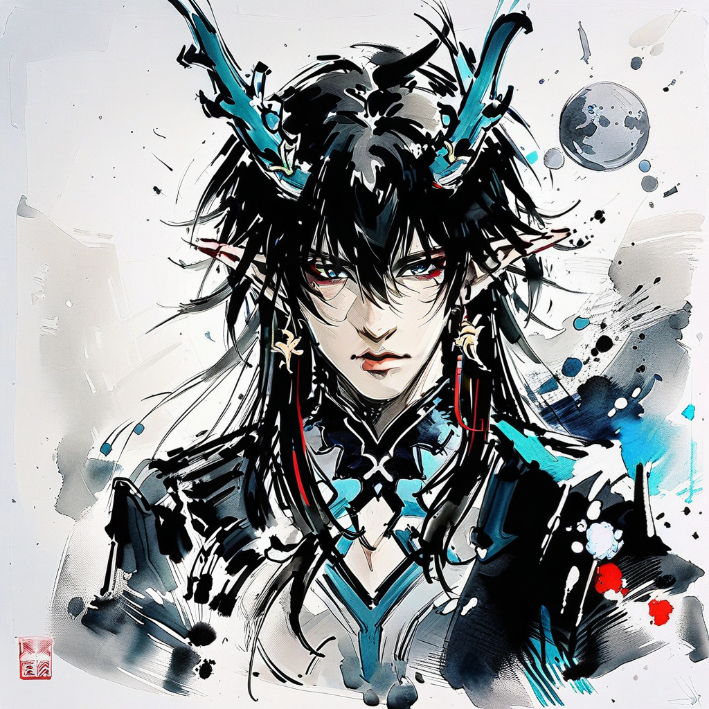 <lora:ink-style_A3.1_XL:1>,(ink-style,ink_wash_painting),(masterpiece),(best quality),dan heng \(honkai: star rail\),1boy,dan heng \(imbibitor lunae\) \(honkai: star rail\),male focus,horns,pointy ears,black hair,solo,long hair,white background,portrait,upper_body,highres,