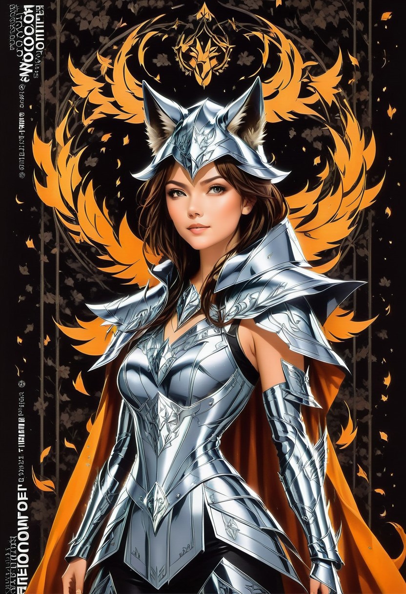 score_9, score_8_up, score_7_up, source_anime, masterpiece, best quality,human,  human head, human face, 1girl, solo, Wolf-themed armor concept, "Lupine Aegis," rugged design, sturdy materials, helmet, protective faceguard, metalic wolf ears, fur-like texture cape, natural colors, earth tones, reinforced chest plate, fur patterns, paw-inspired shoulder pauldrons, flexible arm guards, clawed gauntlets, padded leggings, wolf claw boots, metallic tail-like backpiece, integrated utility compartments, agile movement, stealthy silhouette, decorative howling motifs, durable and functional, wolf  symbol  in background, background, low-key, dynamic pose,, full body shot, full body, easynegative, ng_deepnegative_v1_75t, negative_hand, verybadimagenegative_v1.3, dark, chiaroscuro, low-key