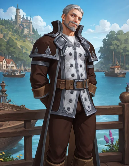 masterpiece, best quality, newest, detailed background, intricate details, male focus, realistic, solo, <lora:World of Warcraft - Genn Greymane - Illustrious-000005:0.7>, genn_g, 1boy, mature male, grey hair, very short hair, mustache, beard, blue eyes, brown overcoat, white jacket, white shirt, brown gloves, brown belt, brown pants, brown boots, outdoors, kingdom, houses, trees, , flowers, colorful plants, harbor, standing on ship, arms behind back, contrapposto, looking at viewer, smirk, head tilt