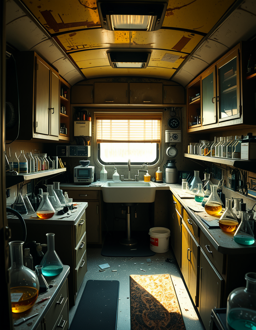 The interior of an old RV converted into a clandestine drug laboratory, inspired by the TV series Breaking Bad. The space is cramped and messy, filled with scientific equipment, glass beakers, flasks, burners, chemical containers, and lab tools scattered around. The walls are aged and stained, with peeling wallpaper and old metallic cabinets. A small sink area is cluttered with dirty lab glassware. The lighting is dim and tinted yellow, with sunlight barely filtering through dusty blinds. The floor is grimy, with a mix of rubber mats and worn carpet. The overall atmosphere is tense and gritty, capturing a sense of secrecy and danger. Hyper-realistic style, cinematic composition, rich in textures and shadows.
<lora:SDXLFaeTastic2400:0.4> <lora:extremely_detailed:0.4> extremely detailed,<lora:old_RV_drug_l4b0r4t0ry:1>,old RV drug l4b0r4t0ry, Masterpiece,best quality,hi res,8k,hi res,8k,award winning,(sharp focus, intricate, highly detailed),