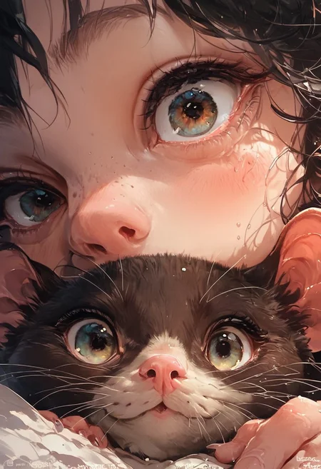 score_9, score_8_up, score_7_up, score_6_up, score_5_up, score_4_up, animalclose-up, 1girl and a small rat, the girl has black hair and, the rat has brown fur,