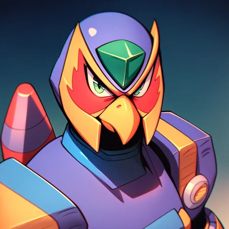 score_4_up, score_5_up, score_6_up, score_7_up, score_8_up, score_9_up, Storm eagle, arm cannon, purple armor, helmet, upper body, portrait, looking at viewer, beak,