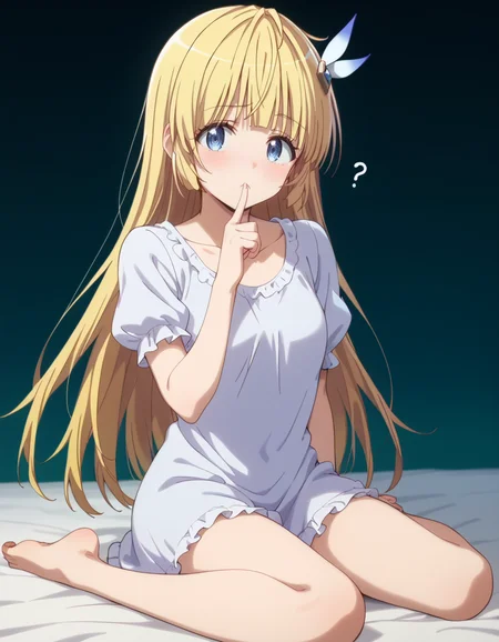 score_9, score_8_up, score_7_up, source_anime, high res image, masterpiece, best quality, BREAK
1girl, solo, looking at viewer, gradient background, full body, sitting on bed, seiza, wariza, head tilt, confused, finger to mouth, frown, barefoot,
angelica (hitoribocchi no isekai kouryaku s1), long hair, blonde hair, blue eyes, feather hair ornament,
white pajamas, collarbone, frills, puffy sleeves, short sleeves, barefoot,
<lora:angelica-hitoribocchi_no_isekai_kouryaku_s1_v3-anime-soralz:1>, dark, night, black background,