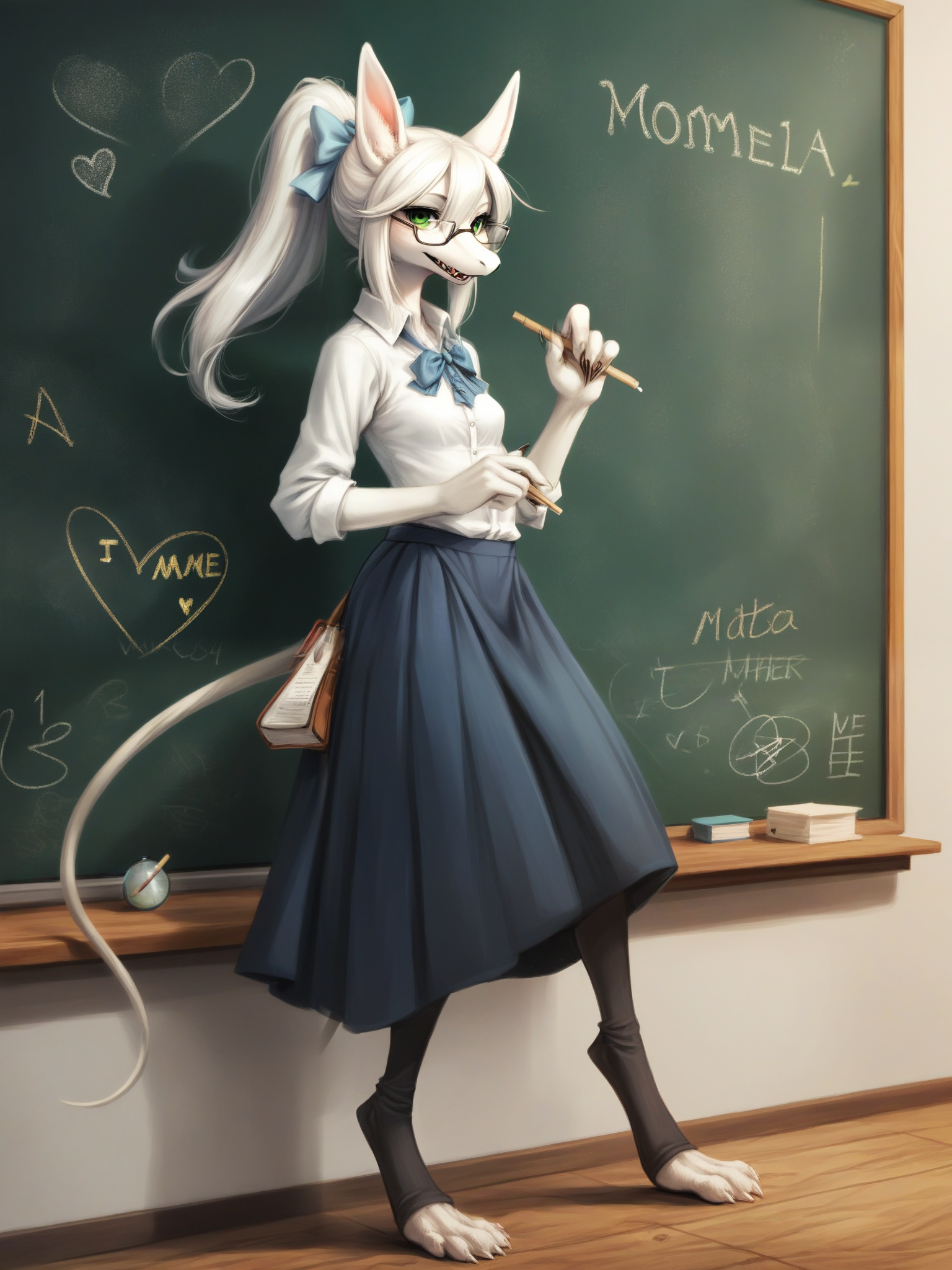 <lora:Freya1:0.9>, score_9, score_8_up, score_7_up, score_6_up, score_5_up, score_4_up, line art, sketch, flat colors, source_furry, source_anime, 1girl, solo, detailed eyes, beautiful eyes,
BREAK, FreyaC, white fur, white hair, long hair, ponytail, small hair bow, green eyes, dressed as a teacher, blouse, big chalkboard, teacher, holding chalk, writing on board, looking at viewer, small breasts, ears, from side, detailed teeth, (motherly:1.2), glasses, tail, long skirt, talking, happy, full body, satchel,
BREAK, classroom background, <lora:xl_more_art-full_v1:1>, <lora:add-detail-xl:1>,
