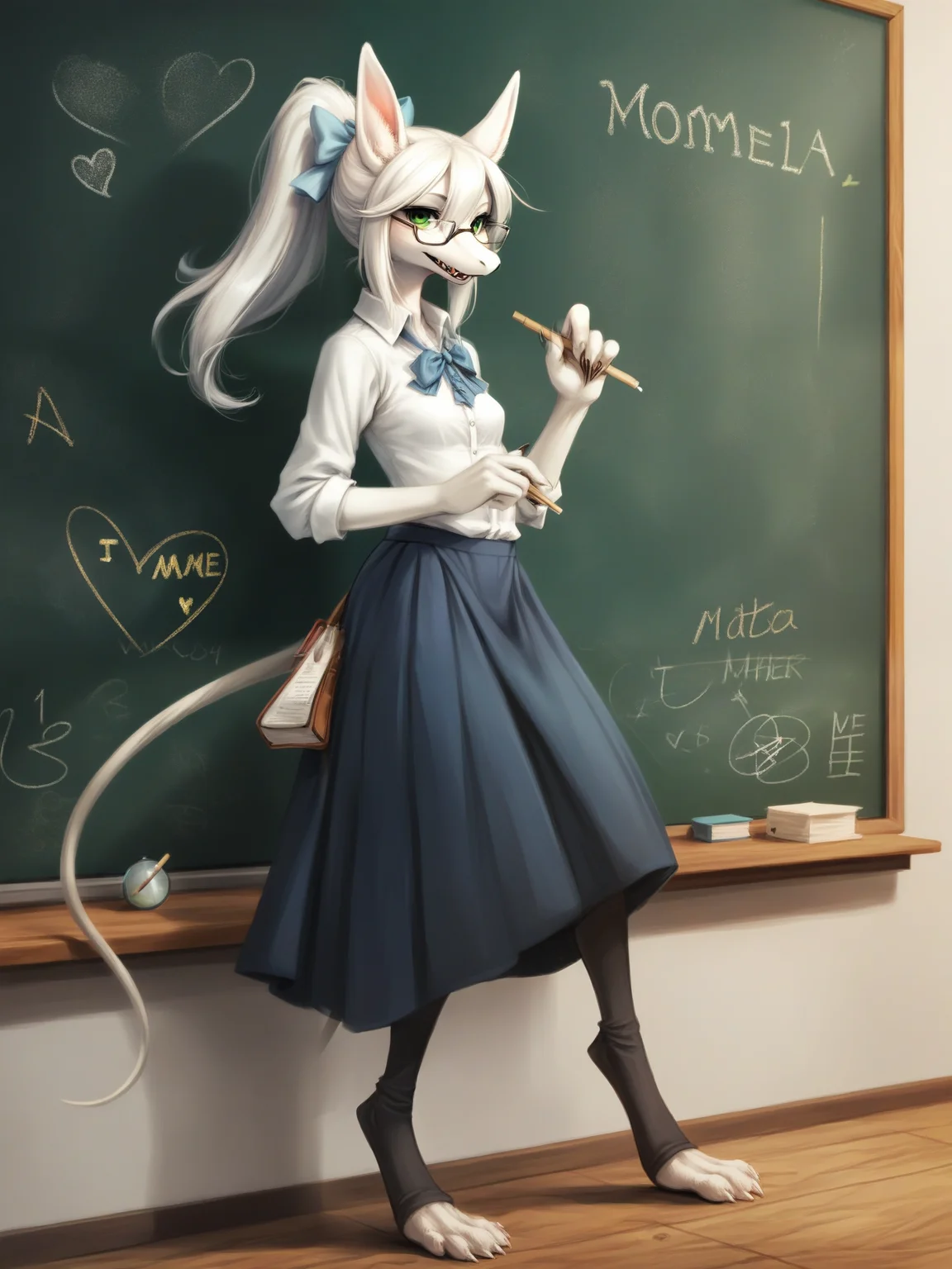 <lora:Freya1:0.9>, score_9, score_8_up, score_7_up, score_6_up, score_5_up, score_4_up, line art, sketch, flat colors, source_furry, source_anime, 1girl, solo, detailed eyes, beautiful eyes,
BREAK, FreyaC, white fur, white hair, long hair, ponytail, small hair bow, green eyes, dressed as a teacher, blouse, big chalkboard, teacher, holding chalk, writing on board, looking at viewer, small breasts, ears, from side, detailed teeth, (motherly:1.2), glasses, tail, long skirt, talking, happy, full body, satchel,
BREAK, classroom background, <lora:xl_more_art-full_v1:1>, <lora:add-detail-xl:1>,