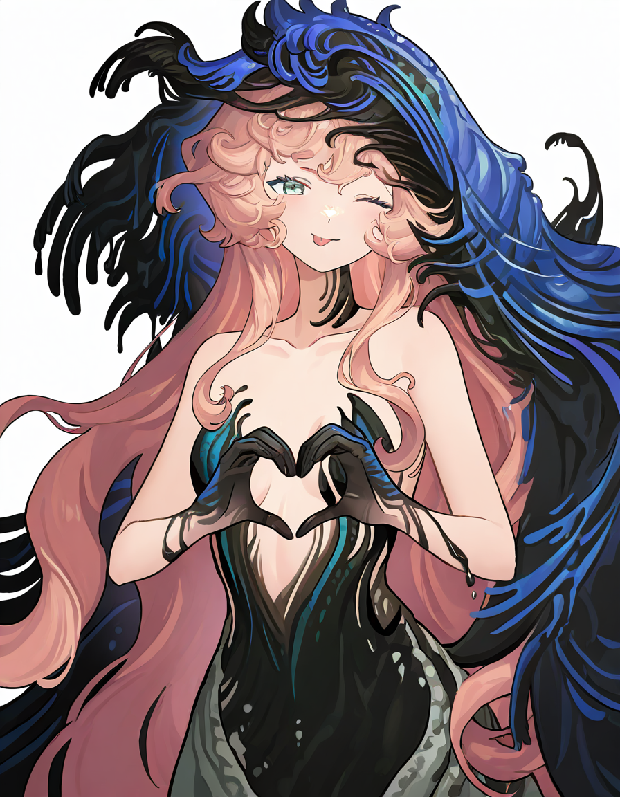 1girl,solo,simple background,white background,looking at viewer,cowboy shot,heart hands,one eye closed,<lora:nautika-000014:1>,nautika,monster girl,strapless dress,smile,tongue out,, masterpiece, best quality, very aesthetic, absurdres,newest, incredibly absurdres,