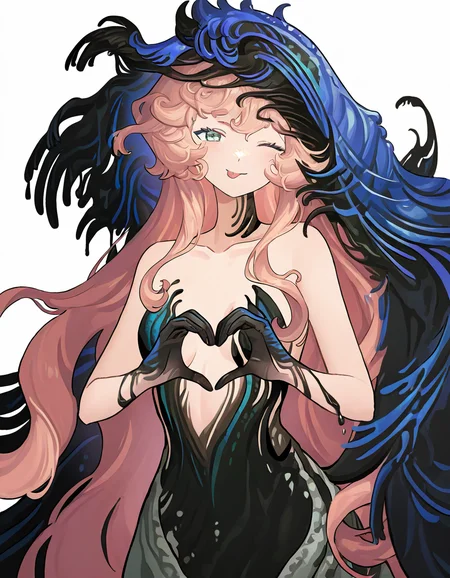 1girl,solo,simple background,white background,looking at viewer,cowboy shot,heart hands,one eye closed,<lora:nautika-000014:1>,nautika,monster girl,strapless dress,smile,tongue out,, masterpiece, best quality, very aesthetic, absurdres,newest, incredibly absurdres,