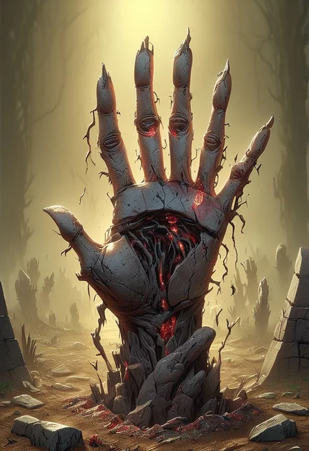 A golem hand emerging from the ground.
Composed of corpses