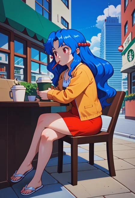 ((coffee shop background)),score_9, score_8_up, score_7_up,score_6_up, 1girl, Solo, full body,
<lora:PMSensationalSisters_epoch_10:0.8>
PMViolet, blue hair, long hair, wavy hair, hair bobbles, red eyes, orange jacket, red short dress, white flip-flops,
holding, coffee cup, crossed legs, sitting, on chair, blowing, outdoors, cafe, day, sunbeam, city, table,