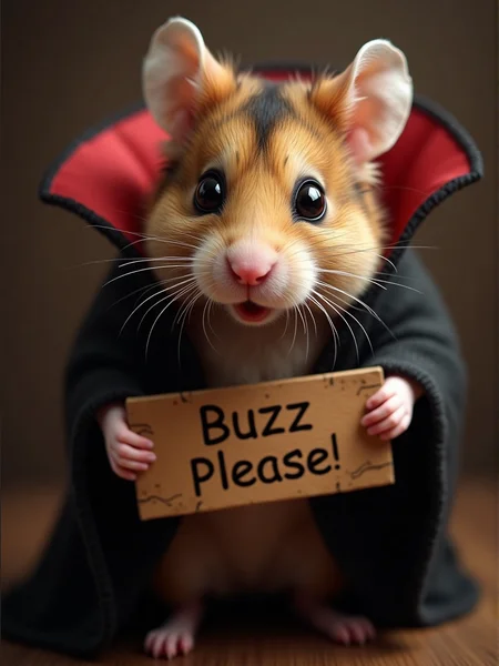 masterpiece, best quality, Photorealistic, realistic, photograph, Hamster dressed as a vampire at a Halloween party, holding a sign that says 'Buzz Please"