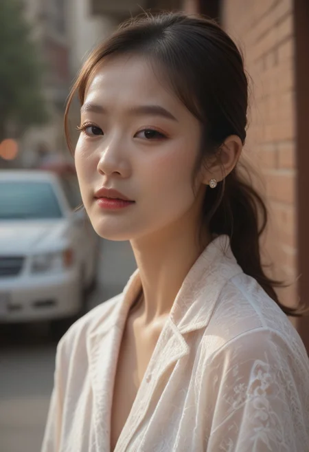 score_9, score_8_up, score_7_up, ladyburns, sideburns, 1girl, solo, jewelry, earrings, blurry, brown hair, asian, OchincosLabo