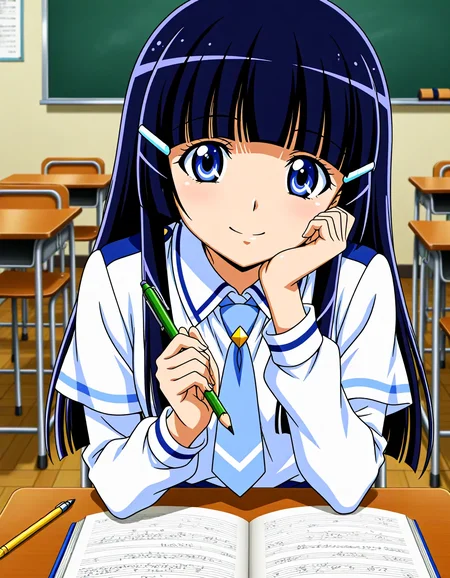 <lora:dmd2_sdxl_4step:1>,official style,masterpiece,best quality,newest,very aesthetic,highly detailed,high resolution,absurdres,highres,depth of field,super detailed skin,very awa,Anime,anime coloring,anime screencap,<lora:cure_beauty_V2:1>,abstract_background,aoki reika,smile,classroom,school_desk,chair,pencil,book,open_book,