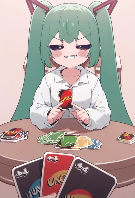 (score_9, score_8_up, score_7_up) BREAK source_anime, absurdres
1girl, twintails, green hair
sleeves past wrists, white shirt, collared shirt
shiny skin
smug, looking at viewer, holding card, pov, playing card, table, smirk, clenched teeth
<lora:Smooth Anime Style LoRA XL:0.32> , <lora:Expressive_H:0.3> , <lora:princess_xl_v2:0.35>, <lora:nunumiku.pony:1> nunumiku, aaa
<lora:ImminentUnoLossMeme_pdxl_Incrs_v1:0.55>, <lora:D1zzysp3llsXLP:1> d1zzysp3lls