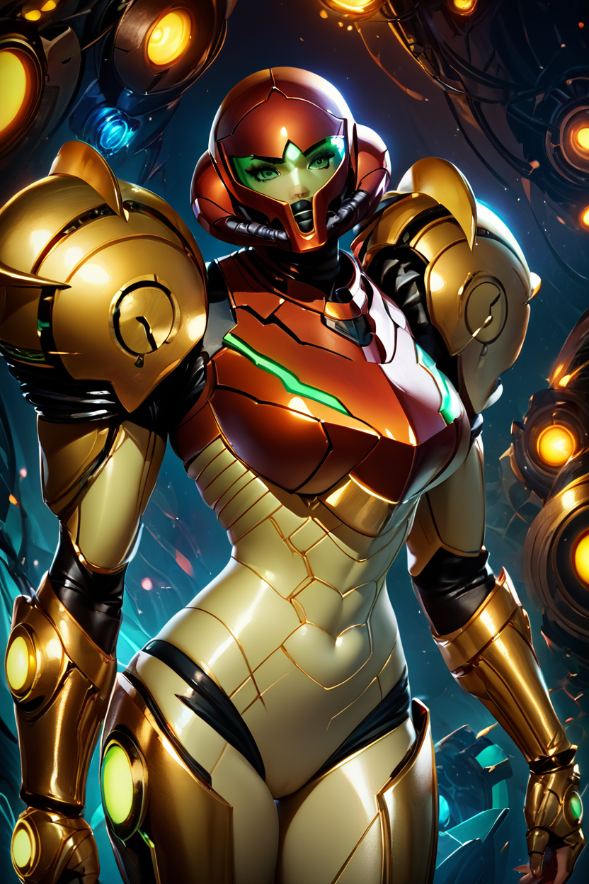 score_9, score_8_up, score_8, medium breasts, (curvy),   ,,, , ,,, zzSamus, varia suit, arm cannon, shoulder armor, pauldrons, armor, neon trim,  visor (armor), full armor,  <lora:SamusVariaSuit_PDXL:1.0>,     ,,,, BREAK,  (ultra realistic,32k, masterpiece:1.2),(high detailed skin:1.1),( high quality:1.1), head tilt, lips, closed mouth, shiny clothes, (upper body), looking at viewer, bokeh, luminescent background, ,,, embedding:zPDXL, Expressiveh, ,,, <lora:RlAnmPDXL:1.0>,