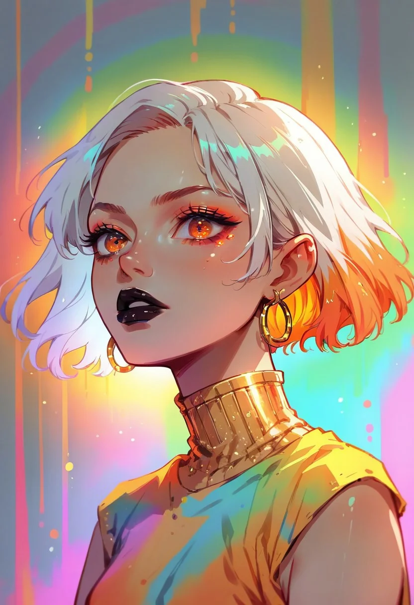 score_9, score_8_up, score_7_up, score_6_up, score_5_up, th3rm4l, solo, colorful, 1girl, thermal, orange eyes, perfecteyes, white hair, orange hair, two tone hair, short hair, black lips, gold chocker, hoop earrings,