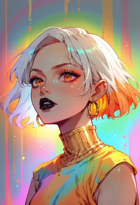 score_9, score_8_up, score_7_up, score_6_up, score_5_up, th3rm4l, solo, colorful, 1girl, thermal, orange eyes, perfecteyes, white hair, orange hair, two tone hair, short hair, black lips, gold chocker, hoop earrings,