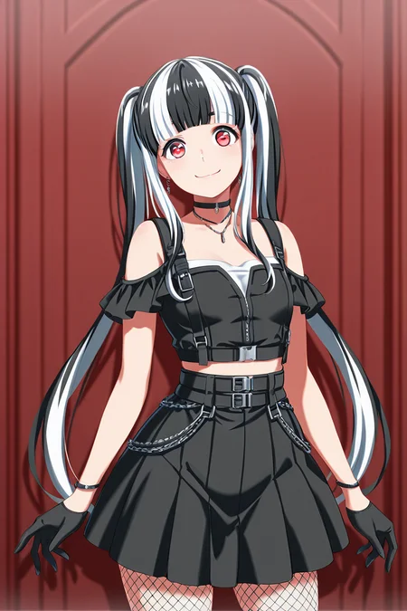 masterpiece, best quality, amazing quality,
<lora:PAREO_IL:1> pareo, 1girl, black hair, smile, solo, gloves, multicolored hair, fishnets, long hair, black gloves, white hair, twintails, red eyes, looking at viewer, jewelry, choker, skirt, two-tone hair, onstagesk