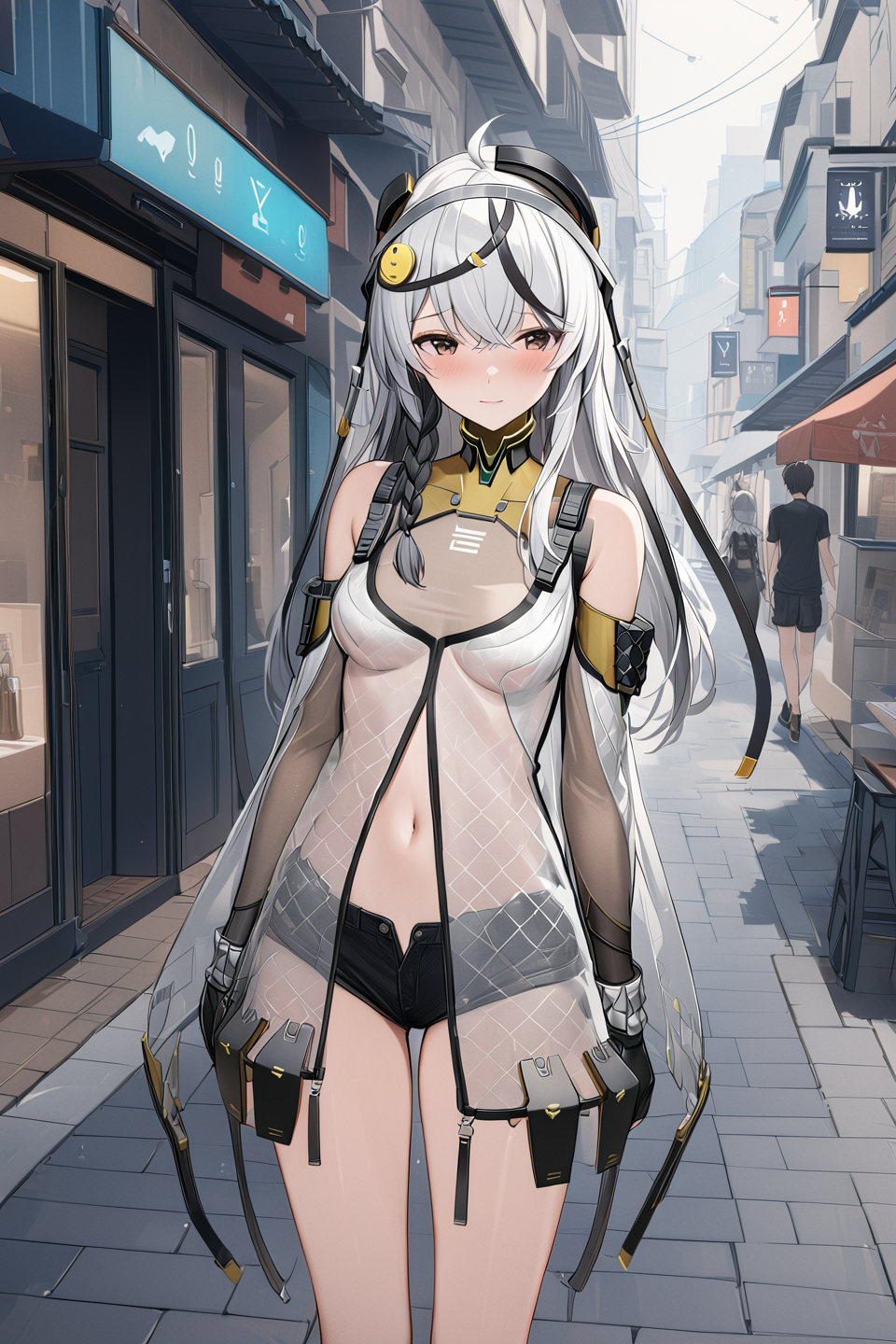 <lora:chernov1-000008:0.8> (best quality), ((masterpiece)), (highres),(extremely detailed CG unity 8k wallpaper),  1girl solo with cute face, cherno, standing in street, dating, (shy:0.8), white long hair with black single braid, brown eyes, medium breasts, see through, open clothes, black short shorts, (ahoge:0.5)