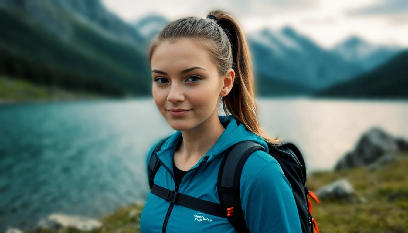 hiking woman, cute face, hiking clothes, confident pose facing the camera, long light brown hair, ponytail, snowdonia mountain and lake background, cinematic lighting, dramatic sky