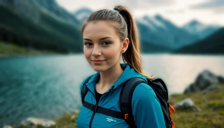 hiking woman, cute face, hiking clothes, confident pose facing the camera, long light brown hair, ponytail, snowdonia mountain and lake background, cinematic lighting, dramatic sky