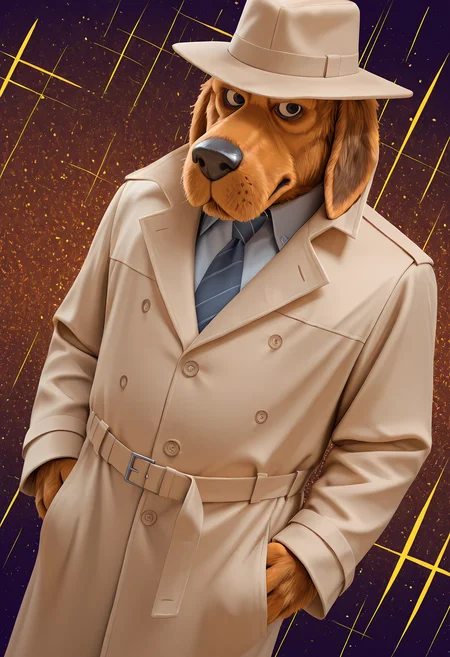 masterpiece, best quality, amazing quality, dutch angle, dynamic angle, abstract background, BREAK
solo, male, ncpc_mcg, canine, bloodhound, brown body, long ears, black eyes, fedora, necktie, trenchcoat, BREAK
<lora:cfg_scale_boost:0.6> <lora:McGruff_the_Crime_Dog_-_NCPC_-_ILXL:1>