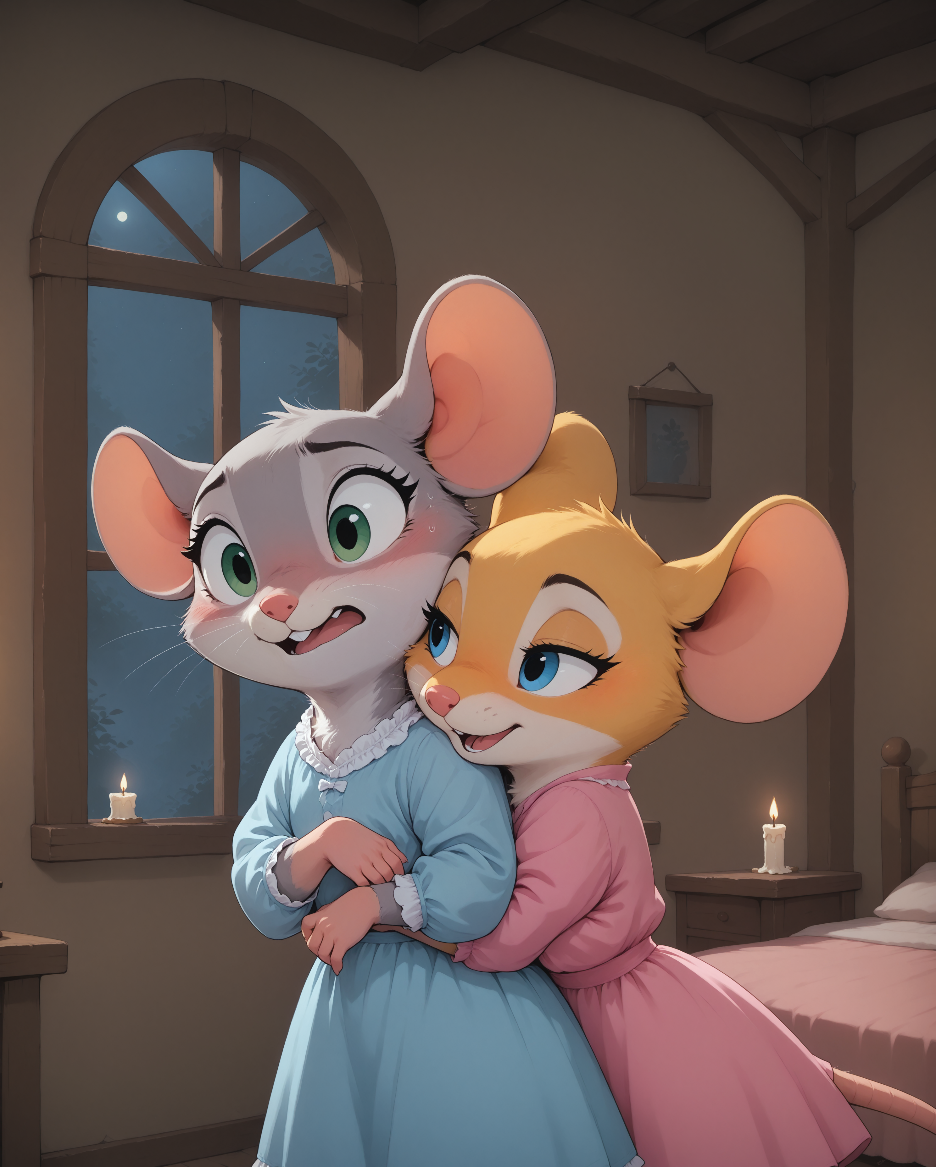 masterpiece, best quality, amazing quality, m0use_istyle, DISNEY_ANIMATION, (chibi, toon:0.7), 2girls, mouse, bedroom, frills, hug from behind, night, candlelight,

BREAK,

yellow fur, (orange fur:0.3), blue eyes, blue nightgown, embarrassed, nervous, tail,

BREAK,

grey fur, green eyes, pink nightgown, seductive expression, whispering in ear
