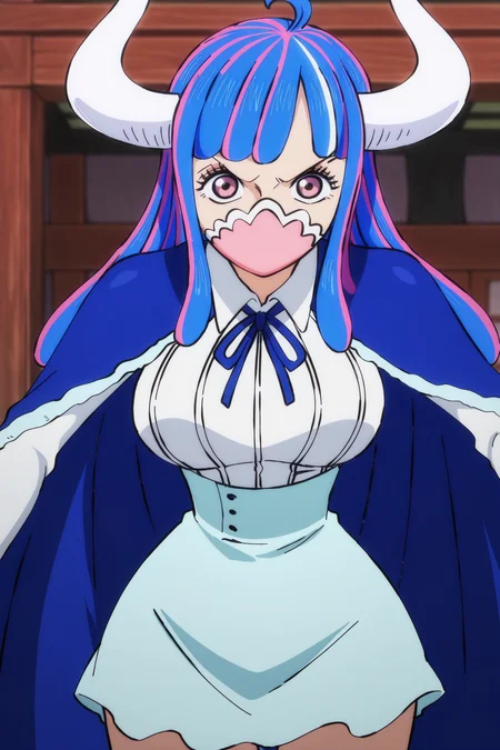 anime screencap, anime coloring, detailed face, masterpiece, best quality, very aesthetic, absurdres, volumetric lighting, amazing quality, ultra detailed,  highres, amazing quality, scenery, beautiful detailed hair, beautiful detailed eyes, perfect face,
 <lora:Ulti_One_Piece:1>
Ulti (character), 1girl, mouth mask, mask, pink hair, skirt, horns, multicolored hair, solo, cape, blue cape, blue hair, shirt, white shirt, blue skirt, curled horns, looking at the viewer, cowboy shot