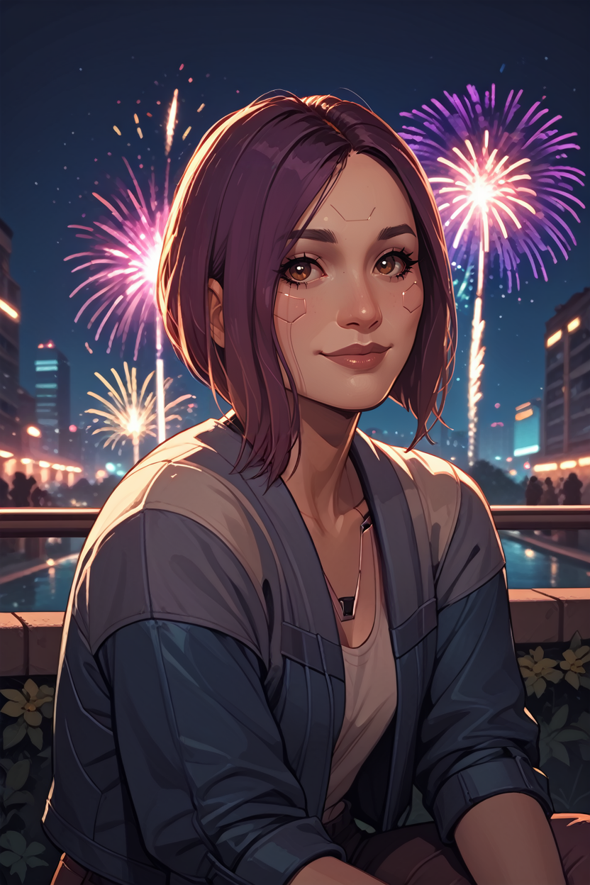score_9, score_8_up, score_7_up, score_6_up
<lora:CyberSongbird:0.8>
CyberSongbird, 1girl, purple hair, brown eyes, cyberpunk, looking at viewer, sitting, at night, fireworks, park, looking up, smile