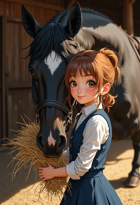 score_9, score_8_up, score_7_up, score_9_up,
high-resolution anime-style illustration with bold painterly textures, blending soft washes with crisp, dynamic details. A cute young woman, 20years-old girl, beautiful girl, ((big brown eyes)),((detailed eyes)) (cute face:1.5), (sweet face:1.5), (cute girl:1.5) with shoulder-length chestnut-brown hair tied into a high ponytail, girl is smiling, girl has friendly smile ((beautiful detailed smile)), girl is leaning on a black horse, large black Stallion with ((white mark on his forehead)), girl is holding a bunch of hay in her hands, girl is wearing short blue dress and black english riding boots, standing in a unfocused interior of barn background. A digital painting in the style of ck-js, <lora:Niji_anime_style_flux:0.8>