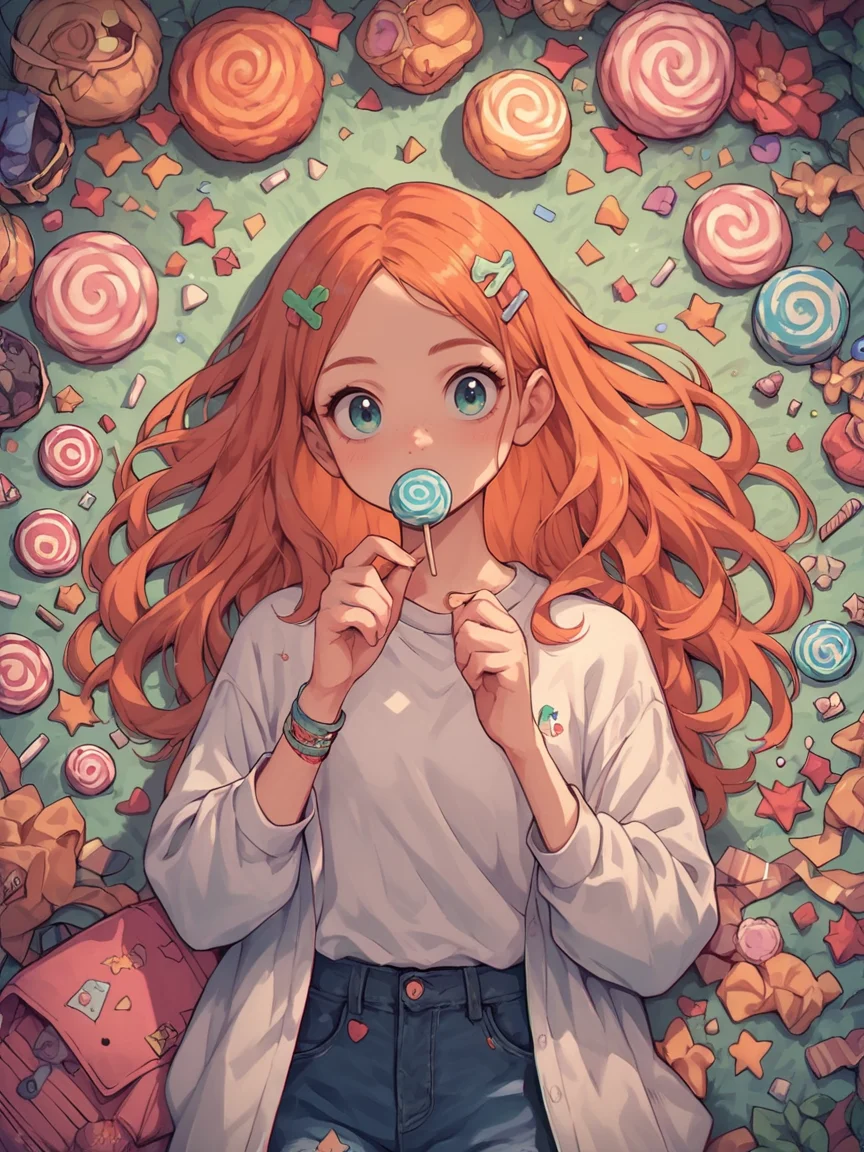 score_9, score_8_up, score_7_up, score_6_up, score_5_up, score_4_up, <lora:c0l0urc0r3XLP2:0.8> c0l0urc0r3, cute, bright colours, 1girl, long hair, ginger, harajuku, candy,