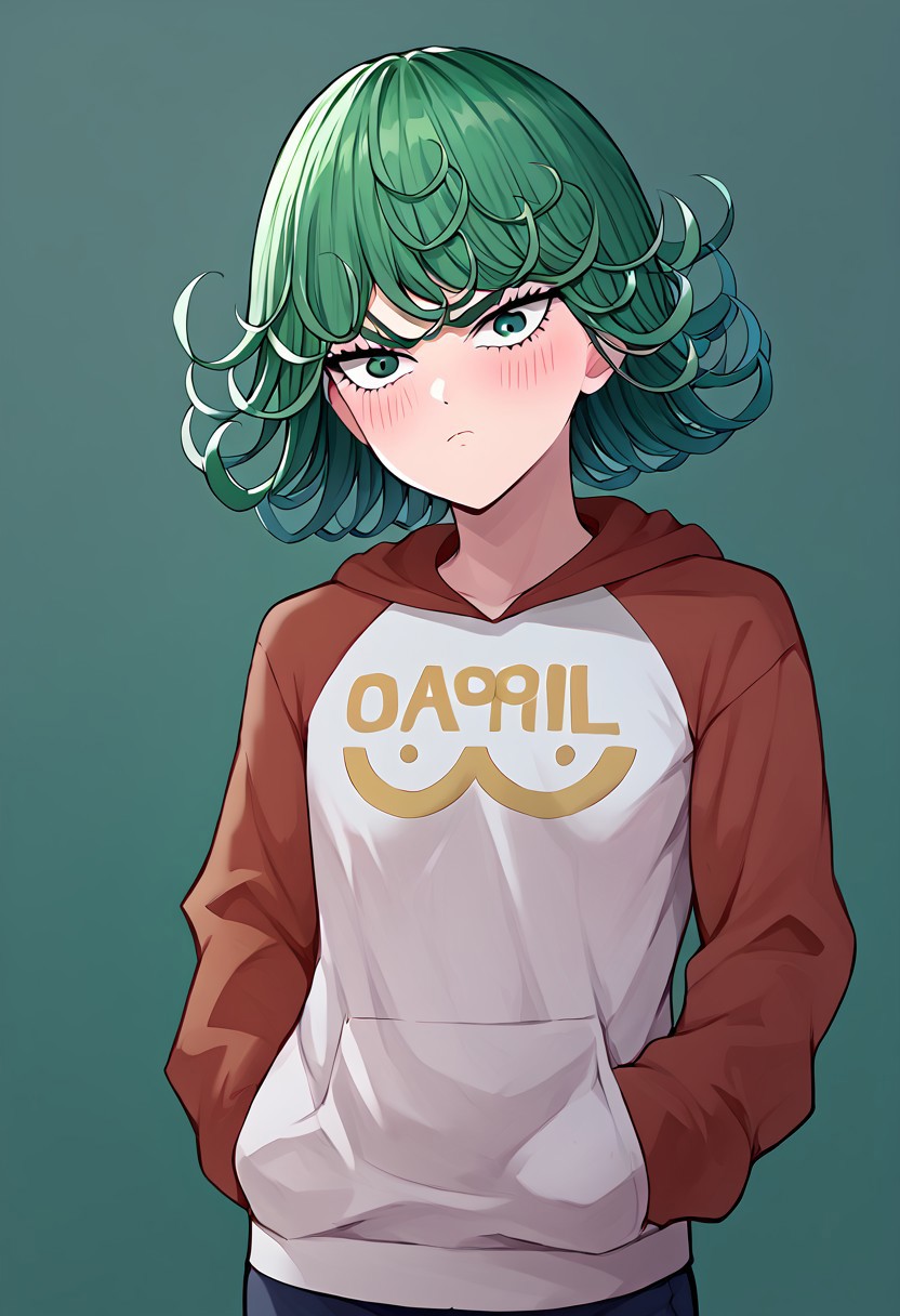 1girl, tatsumaki, green hair, green eyes, short hair, curly hair, looking at viewer,solo focus,perfect face, centered,simple background,looking at viewer, detailed, score_9, score_8_up, score_7_up, score_6_up,<lora:oppai-hoodie-ponyxl-lora-nochekaiser:1>, oppai hoodie, hoodie, raglan sleeves, clothes writting, hands in pocket,angry,blush,frown