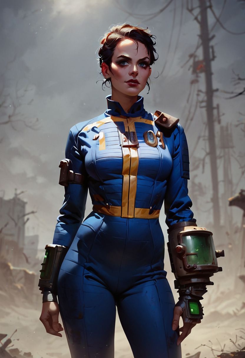 score_9, score_8_up, score_7_up, 1girl, 20 year old, gorgeous woman, wearing a vault tec fallout vault suit, pipboy3000, fallout, harsh sunlight, standing, posing shyly in the wasteland