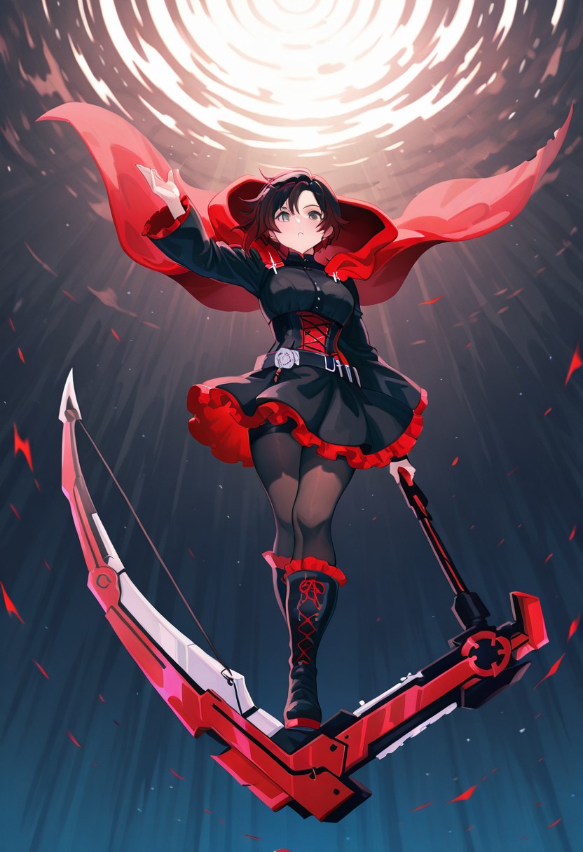 1girl, solo, 
Ruby rose
BREAK,  
masterpiece, extremely aesthetic, highly detailed, dynamic composition, vibrant colors, vivid colors, saturated, UHD, 8k,
