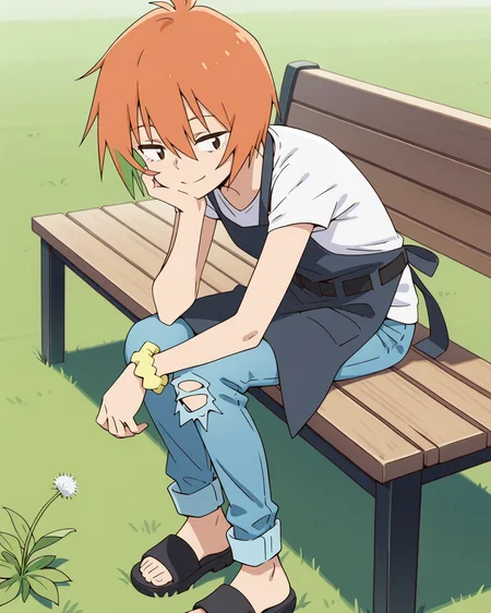 (masterpiece:1.4), (best quality:1.4),  very aesthetic,best quality, amazing quality, absurdres,
yasaku_rei, orange hair, 1girl, solo, short hair, , multicolored hair,
white shirt, jeans,short sleeve, ,denim pants, torn pants, wrist scrunchie, belt, hair between eyes, t-shirt, brown eyes,bangs, 
barefoot,black sandals,apron
 <lora:yasaku_rei:1>
bending forward,rest chin,elbow on knee,wind,leaf,dandelion
blue bench,sitting on bench,,grassfield,flowers,smile,relax,looking away