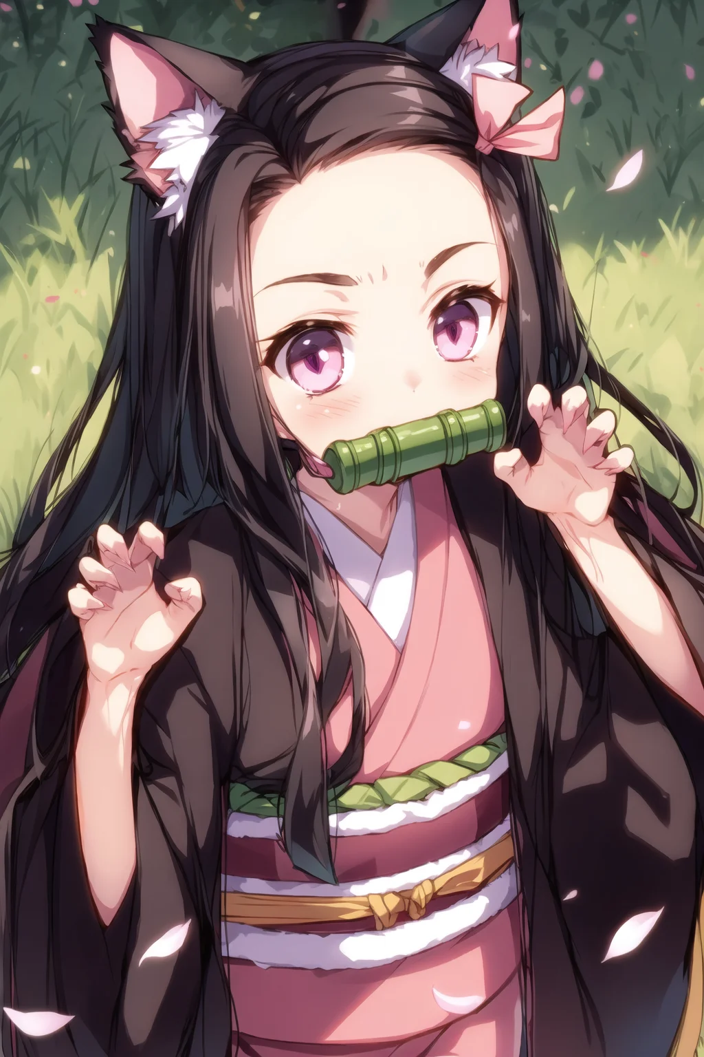 <lora:Nezuv1:0.6>, 1girl, animal ear fluff, animal ears, bamboo, bit gag, blush, brown hair, cat ears, checkered, checkered obi, claw pose, fingernails, forehead, gag, gagged, hair ribbon, japanese clothes, kamado nezuko, kimono, long hair, looking at viewer, mouth hold, multicolored hair, obi, petals, pink eyes, pink kimono, pink ribbon, ribbon, sash, sharp fingernails, solo, very long hair, wide sleeves
