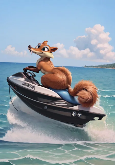 masterpiece, score_9_up, score_8_up, score_7_up, score_6_up, (best quality:1.1), ultra-detailed, high resolution, solo, highly detailed macro illustration BREAK scratte, squirrel, feral, saber-toothed, (beautiful detailed blue eyes:1.3), (fluffy tail:1.2), red-brown fur, adorable, (happy expression, cute face:1.5), blue eyeshadow, long eyelashes BREAK hud_j3tski, riding, watercraft, ground vehicle, ocean, waves BREAK outdoors, summer, day, sunny, detailed background BREAK sharp focus, perfect lighting, extremely detailed, high detail, cinematic softness, OverallDetail, zPDXL3