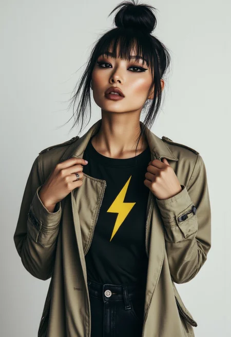 FictionalMing, blunt bangs and hair in a topbun, black eye makeup. Ripping open her trenchcoat, aggressive face. Showing her tshirt with a yellow lightningbolt symbol